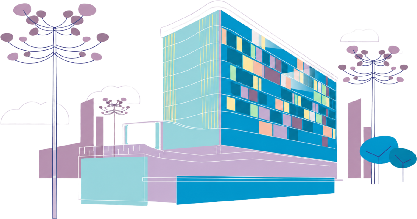 Ilustração do edifício do HCzinho em traço, com as árvores e a fachada colorida