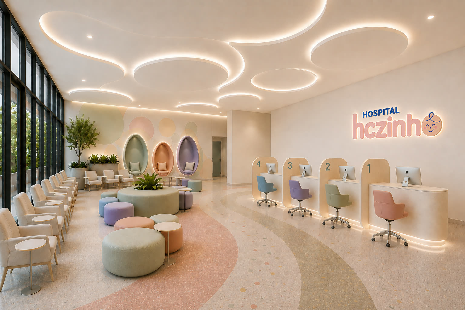 Projeto da recepção do HCzinho, com espaços de espera coloridos para crianças e famílias